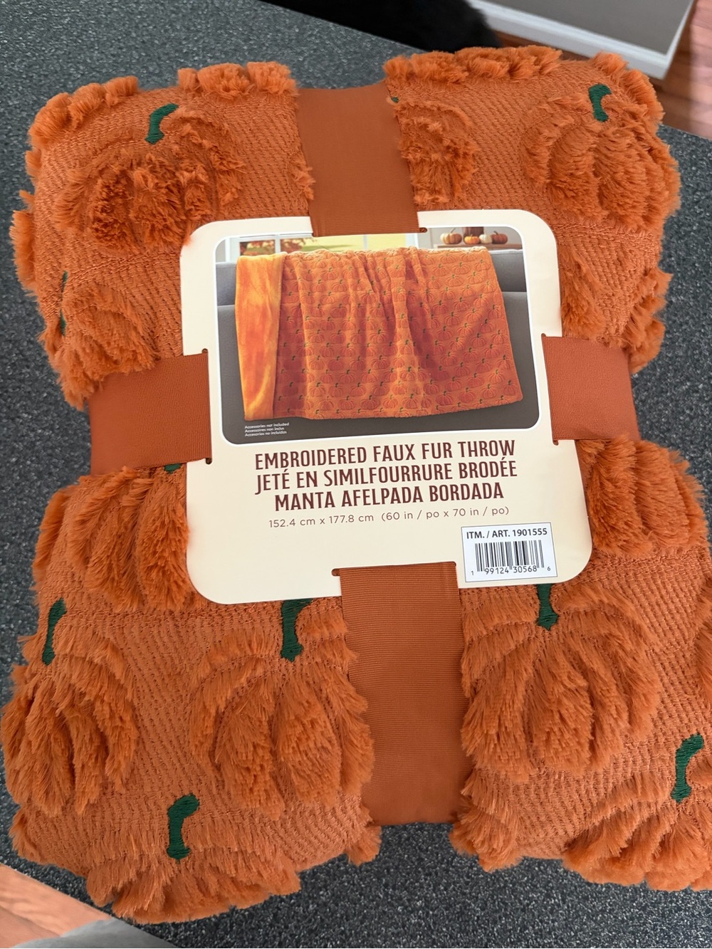 Costco Viral Pumpkin Embroidered Faux Fur Throw - Orange with Green Stems